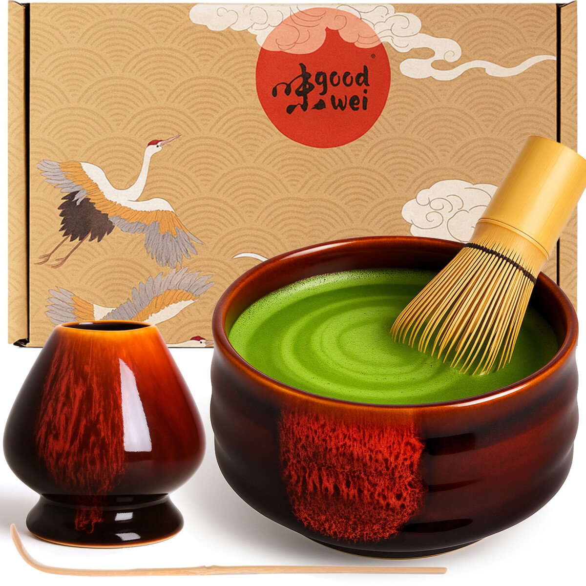 Matcha Set "Akai" Chawan-kom, 80-pins klopper, hou