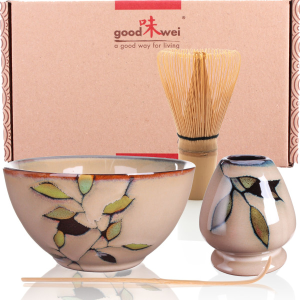 color rosa y azul cuenco y polvo de matcha japonés diseño de ondas Juego de té matcha con escobilla