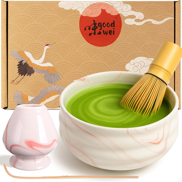 Matcha Set 4-tlg. "Pink Marmor" Teeschale Chawan, 80er Matchabesen, Halter & Löffel