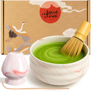 Matcha Set 4-tlg. "Pink Marmor" Teeschale Chawan, 80er Matchabesen, Halter & Löffel