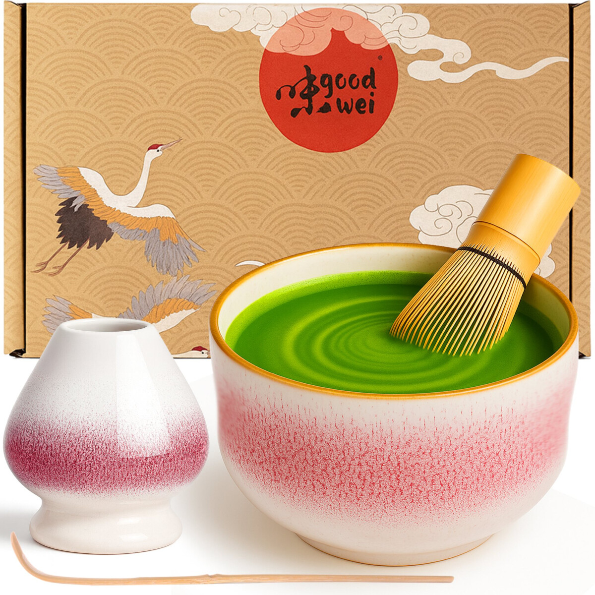 Matcha Set "Kiku" Chawan-kom, 80-pins klopper, hou