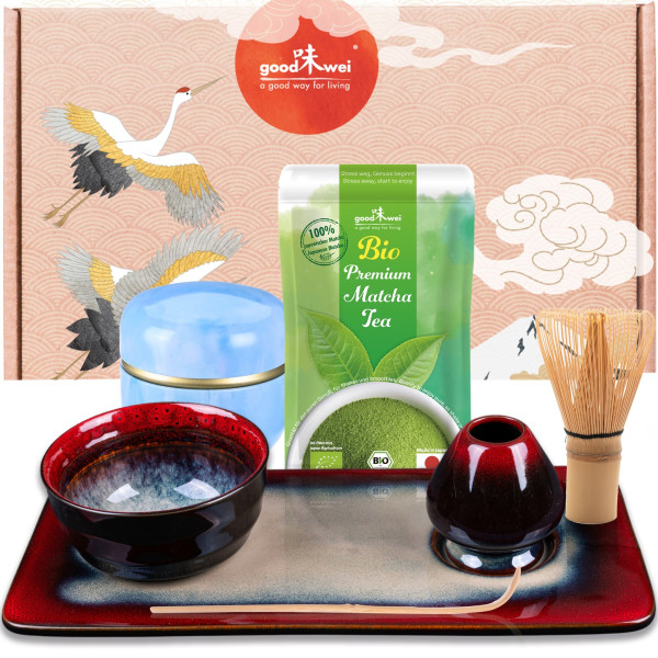 Matcha tea ceremony set "Menou Red" with 30g organic matcha and tray
