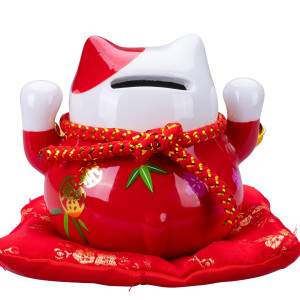 Maneki Neko - Japanese Porcelain Lucky Cat with Bells - Feng Shui Charm Piggy Bank (red)