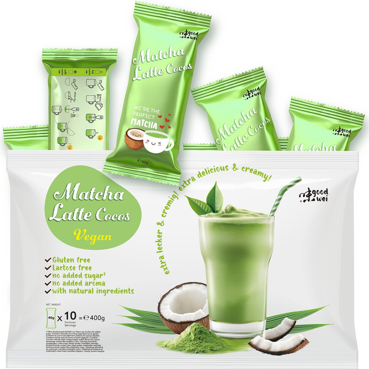 Matcha Cocos Latte Mix – Convenient Sachets 10x40g, Just Add Water