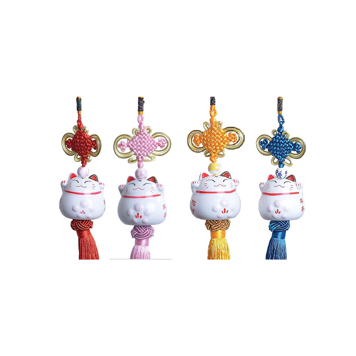 Feng Shui Lucky Cat Ceramic Pendant Japanese Maneki Neko Charm Hanging with 3 Wind Chimes for Wealth Fortune