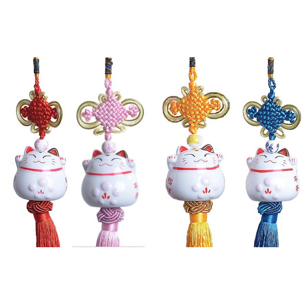Maneki Neko - Feng Shui japanese Lucky Cat Hanging Pendant - porcelain figurine and lucky charm