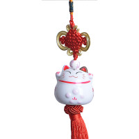 Maneki-neko - Pendentif avec un joli chat porte-bonheur en porcelaine rouge