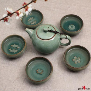 Service à thé chinois Gongfu Cha "Charms" en céladon, 6 pièces