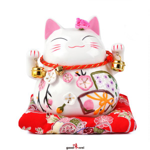 Maneki Neko - Japanese Porcelain Lucky Cat with Bells -...