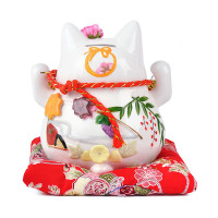 Maneki Neko - Gatto Bianco Giapponese Feng Shui Fortunato con Due Campana - Porcellana fine, come un salvadanaio e portafortuna (piccolo (12 cm))