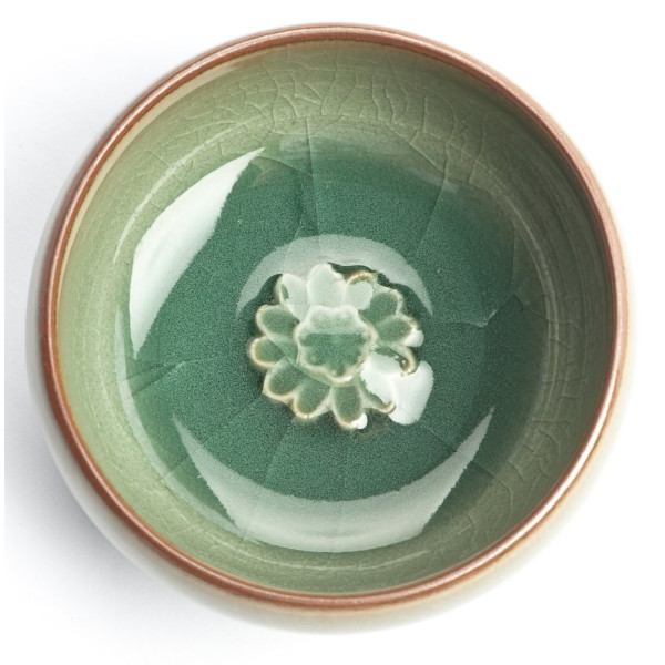 Cuenco de té asiático "Charms", celadón con estructura craquelé - motivo "Girasol"