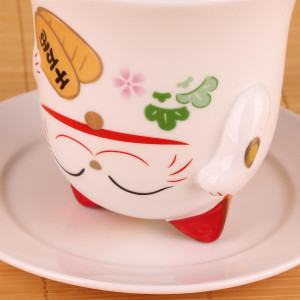 Maneki Neko Lucky Cat Porcelain Cup with Saucer 8oz