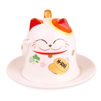 Maneki Neko Lucky Cat Porcelain Cup with Saucer 8oz