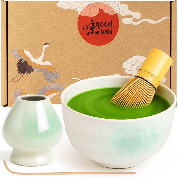 Matcha Set "Shiro" Chawan-kom, 80-pins klopper, houder & lepel