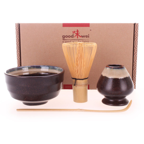 Goodwei Matcha Tea Set Sumi Ceremonial Bowl Chawan Gift Box Whisk and Holder 120 