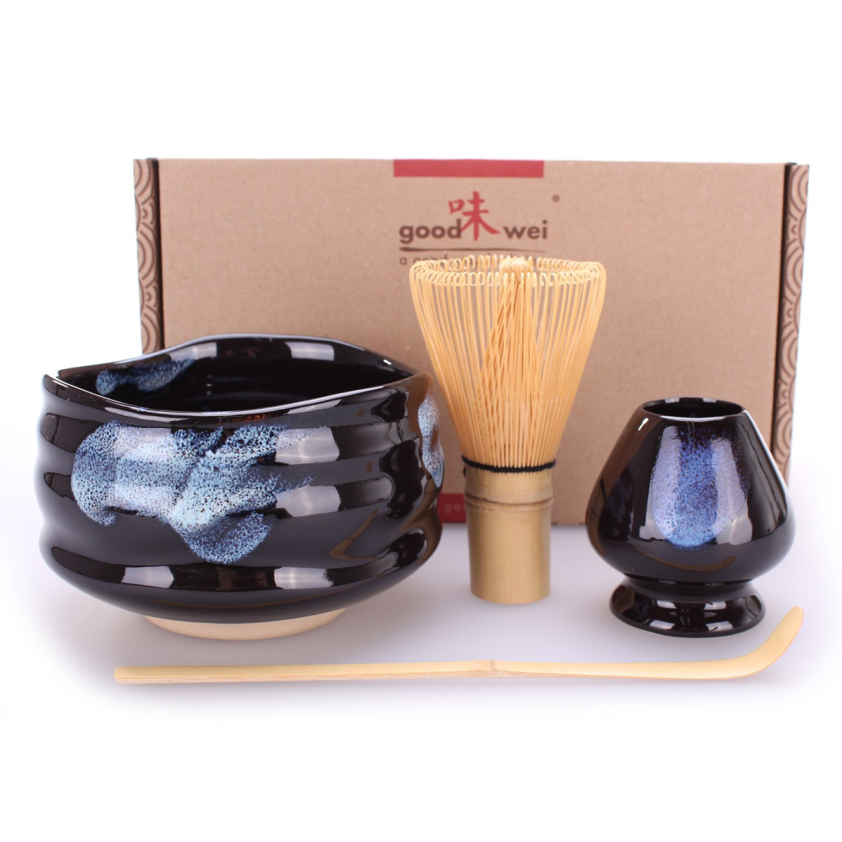 Goodwei Premium Matcha Tea Set Gift Box Ceremonial Bowl Chawan Burashi, 80 Whisk and Holder 